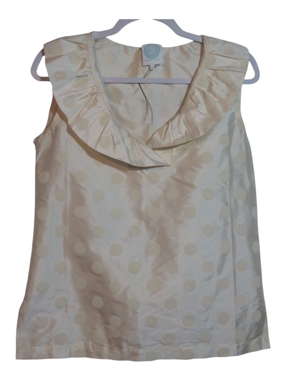 Devon Baer Cream Monochromatic Silk Ruffle Neck Sleeveless Blouse Top Size L
